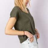 Linnen V-Neck T-shirt in Grounding Green